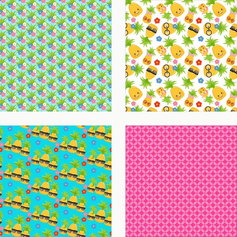 May include: A digital pattern set featuring four distinct designs: pineapples with flowers on light blue, pineapples with glasses and bows on white, pineapples with sunglasses on bright blue, and a pink geometric pattern with small circles.