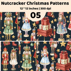 Op de afbeelding: Digitale papierset getiteld Nutcracker Christmas Patterns 05, met afmetingen van 30,48 * 30,48 cm bij 300 dpi. De donkerblauwe achtergrond bevat illustraties van notenkrakers, jonge figuren in feestelijke kleding, cadeaupakketten en gouden sterren.