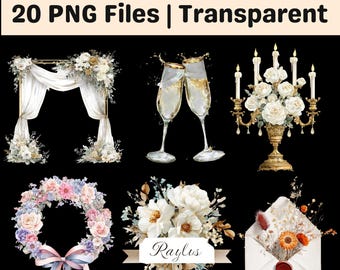 Luxury Wedding Clipart Bundle | Elegant Bridal PNG Set | Floral Champagne Ring Decor | Wedding Graphics