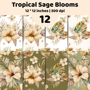 Könnte beinhalten: Eine digitale Sammlung von 12 Tropical Sage Blooms Mustern, die jeweils 30,48 x 30,48 cm bei 300 dpi messen. Die Designs zeigen Aquarell-Illustrationen von Hibiskusblüten und tropischen Palmblättern in Salbeigrün, Beige und Cremetönen.