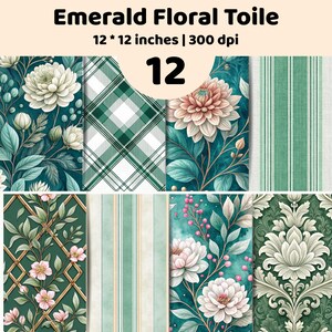 Könnte beinhalten: Eine digitale Sammlung von 12 Emerald Floral Toile Mustern, jeweils 30,48 x 30,48 cm bei 300 dpi. Das Set enthält verschiedene Designs, darunter weiße Blüten auf dunklem Petrol, grüne Karos, gestreifte Texturen und Damastmotive.