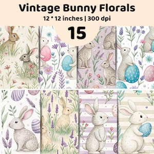 Könnte beinhalten: Eine digitale Sammlung von 15 Vintage Bunny Florals Mustern, jeweils 12 * 12 Zoll bei 300 dpi. Die Designs zeigen aquarellartige Illustrationen von Hasen, bunten Ostereiern, Lavendelzweigen und verschiedenen Wildblumen auf diversen Hintergründen.