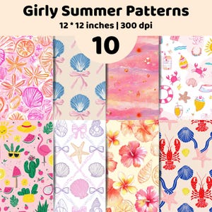 Girly Summer Digital Paper | Beach Tropical Seamless Patterns | Pastel Floral Summer Clipart Pack