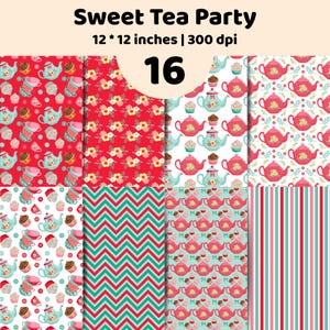 Könnte beinhalten: Ein digitales Papierset mit dem Titel Sweet Tea Party, 12 * 12 inches | 300 dpi, bestehend aus 16 Mustern mit Teekannen, Cupcakes, Blumen, Zickzack-Chevron-Linien und vertikalen Streifen in den Farben Rot, Türkis, Rosa und Weiß für Bastelarbeiten.