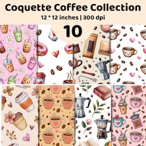 Könnte beinhalten: Eine digitale Sammlung von 10 nahtlosen Mustern mit dem Titel Coquette Coffee Collection, 12 * 12 inches, 300 dpi. Die Designs zeigen Illustrationen von Kaffeetassen, Bechern, Mokkakannen, Kaffeebohnen, Donuts, Herzen, Blumen und Büchern in Pastellfarben.