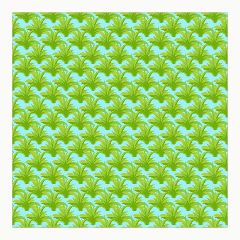 May include: A repeating pattern featuring stylized green pineapple tops arranged in a grid formation against a solid light blue background. The design consists of multiple rows of pointed, leafy green shapes that create a consistent graphic texture.