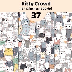 Könnte beinhalten: Eine digitale Grafik mit dem Titel Kitty Crowd, die 37 illustrierte Katzen in verschiedenen Farben wie Weiß, Grau, Schwarz und Orange zeigt. Der Text Kitty Crowd, 12 * 12 inches | 300 dpi, und 37 steht oben über dem Katzenmuster.