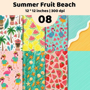Könnte beinhalten: Eine digitale Sammlung von acht sommerlichen Mustern mit Illustrationen von Flamingos in Hemden, Palmen, Strandszenen, Wassermelonenscheiben, Zitronen, Erdbeeren, Muscheln und Seesternen, beschriftet mit Summer Fruit Beach 12 * 12 inches | 300 dpi.