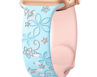 Correa de silicona para Apple Watch con grabado floral: suave, resistente al sudor y de ajuste universal.