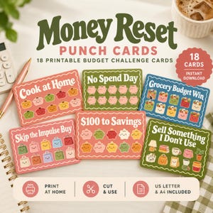 May include: A set of Money Reset punch cards featuring 18 printable budget challenge cards. The cards display various themes like Cook at Home, No Spend Day, Grocery Budget Win, Skip the Impulse Buy, $100 to Savings, and Sell Something I Don't Use.
