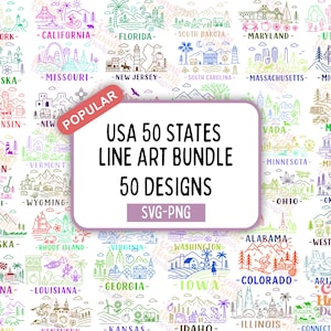 Lot de dessins au trait SVG États-Unis, 50 États : Cricut et Silhouette (téléchargement numérique)