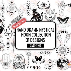 Mystical Moon Line Art: SVG PNG Clipart Collection (Digital Download)