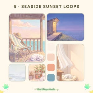 Könnte beinhalten: 5 Seaside Sunset Loops digitale Kunstsammlung mit Illustrationen einer Strandterrasse mit schlafendem weißem Hund, einer Küstenhütte in der Dämmerung, einem sonnigen Raum mit weißem Vorhang und einer Tomatenpflanze im Topf. Enthält eine 5-Farben-Palette.