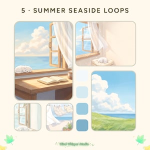 May include: A digital art collection titled 5 SUMMER SEASIDE LOOPS featuring illustrations of a puppy sleeping by an open window overlooking the ocean, a book on a wooden desk, laundry drying on a line, and a grassy coastal landscape with blue sky.