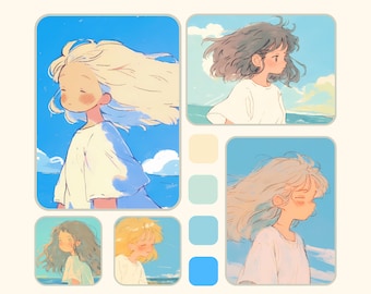 Lo-Fi anime-meisje bureaubladachtergrondset – gezellige 4K-achtergronden (digitale download)