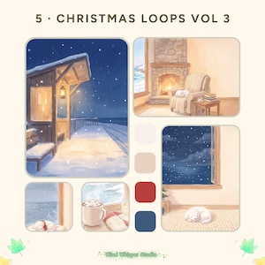 Op de afbeelding: Een digitale illustratieset getiteld 5 CHRISTMAS LOOPS VOL 3 met vijf scènes: een besneeuwd perron 's nachts, een open haard met een slapende hond, een uitzicht op sneeuw, een mok cacao en een hond die op een kleedje slaapt.