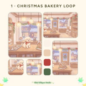 Kerstbakkerij Stream Achtergrond, Geanimeerde Peperkoekwinkel Loop, Puppy met Rode Sjaal, Besneeuwde Straat, OBS