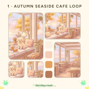 Op de afbeelding: Een digitale illustratie getiteld 1. AUTUMN SEASIDE CAFE LOOP met een crèmekleurige hond op een vensterbank in een café met uitzicht op de oceaan. De scène bevat meubels in warme tinten, kamerplanten, een drankje en een kleurenpalet.