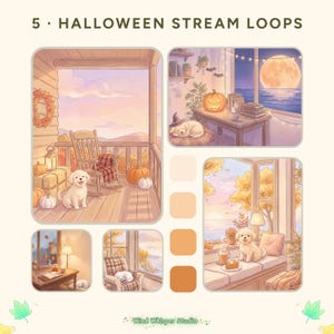 Puede incluir: Cinco bucles de stream de Halloween con ilustraciones digitales de cachorros en acogedores entornos otoñales. Las escenas incluyen un porche con calabazas, una habitación con luna llena, un escritorio, una silla y un asiento junto a la ventana.