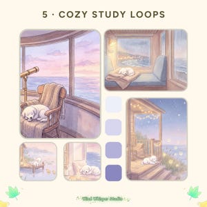 Puede incluir: Un conjunto de ilustraciones digitales titulado 5 COZY STUDY LOOPS de Wind Whisper Studio que presenta cinco escenas de un cachorro blanco en varios entornos, incluyendo una silla junto al mar, un asiento junto a la ventana, un porche y un muelle.