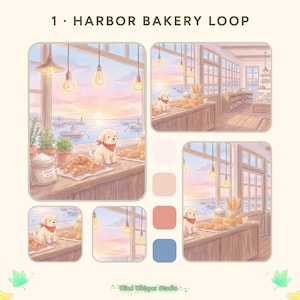 Harbor Bakery Stream Achtergrond, Geanimeerde zonsopgangloop, Croissantsbrood, Puppy met rode sjaal, Twitch OBS