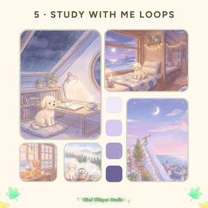 Op de afbeelding: Een digitale kunstcollectie getiteld 5 STUDY WITH ME LOOPS met vijf geïllustreerde scènes met een crèmekleurige puppy, een regenachtige studeerkamer, een hut aan zee, een bakkerij, een mistig bos en een nachtelijke hemel met een telescoop.