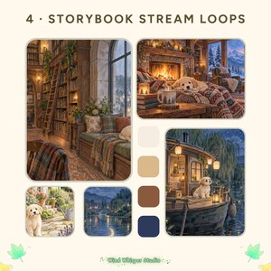 Op de afbeelding: Vier digitale illustraties getiteld 4 STORYBOOK STREAM LOOPS met gezellige scènes met puppy's, een bibliotheek, een open haard en een boot. Het kleurenpalet bevat crème, beige, bruin en marineblauw, met de tekst Wind Whisper Studio onderaan.