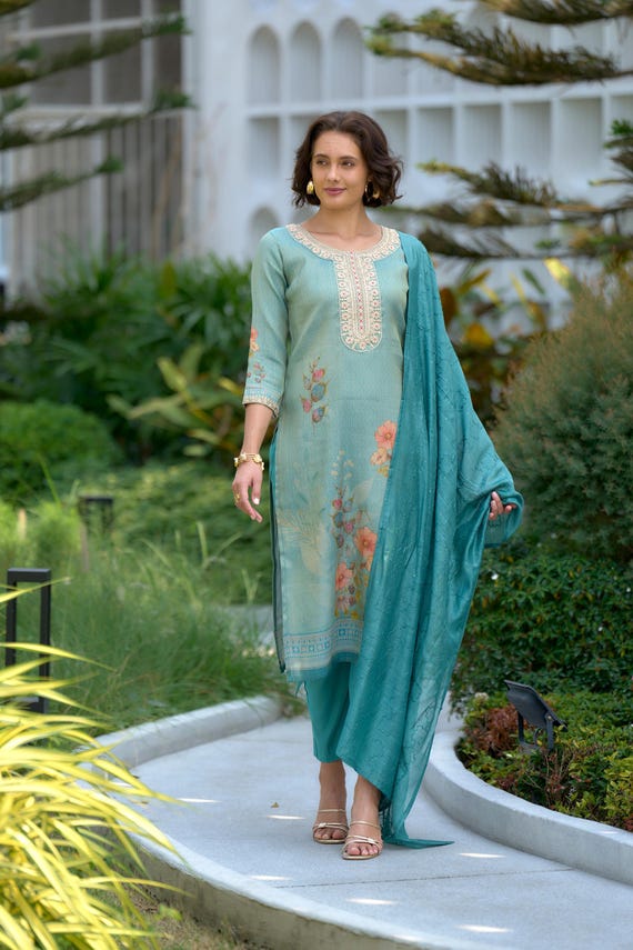 sea green indian dress Embroidered Tissue Silk Kurti Pant Dupatta Set - pista colour punjabi suit