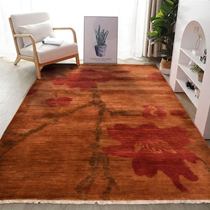5x8 Floral Area Rug - Orange rust Afghan Hand Knotted wool Baluch Boho Rug - Bedroom rug - Rugs Living Room - Kids room Rug, Tibetan Rug