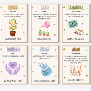May include: A set of six rectangular wall art prints featuring Islamic concepts like Shukr, Sabr, and Tawakkul. Each print includes English text, Quranic verses, and colorful illustrations such as an orange tree, a watering can, and hands.