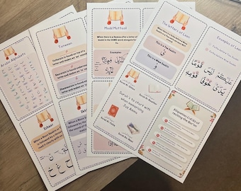 Paquete impreso para el aprendizaje de Tajweed / Tarjetas para el aprendizaje del Corán / Recursos del alfabeto árabe / Paquete educativo islámico para la educación en el hogar y la madrasa