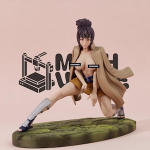 May include: A collectible anime-style figurine of a character with dark hair in a high bun, wearing a tan open coat, a mustard-colored skirt, and silver shin guards. The figure is in a dynamic crouching pose on a textured green base.