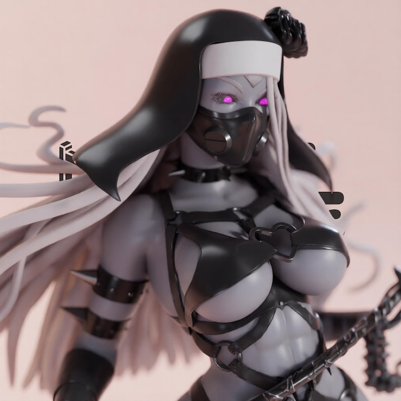 K&ouml;nnte beinhalten: Graustufen-Figur einer Nonne mit schwarzem Habit, Schleier und Gesichtsmaske. Die Figur hat langes, flie&szlig;endes wei&szlig;es Haar und tr&auml;gt einen schwarzen Ledergurt. Die Augen leuchten violett. Eine schwarze Rose ziert die Kopfbedeckung.