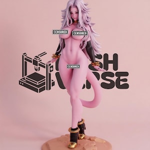 May include: A pink figurine of a female character with long white hair, black and gold boots, and a long tail. The figure has black arm sleeves and gold bracelets. The word "CENSORED" is printed on the figure's chest and abdomen. The background is a light pink color.
