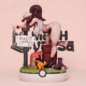 May include: A detailed figurine featuring a character in a white top and baseball cap, leaning on a sign that reads "FREE? RIDE". A red suitcase, backpack, and a small orange and black creature are also present. The base is white with a green grassy area.