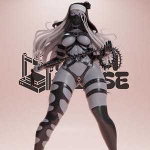 K&ouml;nnte beinhalten: Stilisierte Figur einer Figur in Nonnentracht, mit Maske und langem wei&szlig;em Haar. Die Figur tr&auml;gt ein schwarz-graues Outfit mit spitzenbesetzten Accessoires und h&auml;lt eine Stachelflegel. Der Hintergrund ist hellrosa mit dem Wort "SE" in Schwarz.