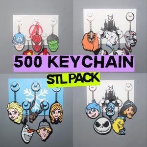 May include: A collection of character keychains, including superheroes and Disney characters, displayed on white and blue backdrops. The keychains feature Captain America, Spider-Man, Hulk, Lady, Dalmatian, and others. Text on the image reads "500 KEYCHAIN STL PACK."