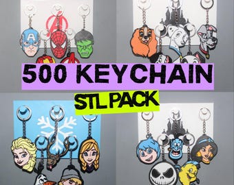 Paquete de 500 archivos STL para llaveros / Modelos STL sin color / Descarga digital para impresión 3D / Diseños de anime, juegos, películas y dibujos animados