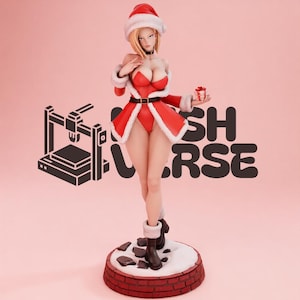 May include: A blonde character figurine wearing a red and white Santa-themed outfit with a matching hat, holding a small gift box. The figure stands on a circular base resembling a brick chimney top with snow, featuring the text MESH VERSE.
