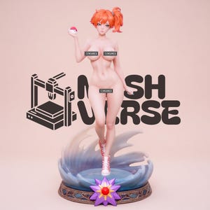 May include: A 3D-printed figurine of a female character with orange hair, holding a Poké Ball. She wears pink trainers and stands on a wave-like base with a purple flower. The figure is part of the "MESH VERSE" collection.