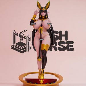 May include: A 3D-rendered figurine of a female character with black hair and green eyes, wearing a gold and black outfit. She is making a peace sign with her fingers. The figurine is on a decorative base with the text "3D SH RSE" in the background.