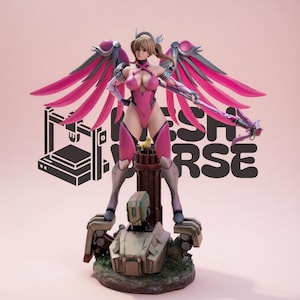 May include: A detailed figurine of a character with pink wings and a matching bodysuit, holding a staff. The figure stands on a pedestal with a robotic figure at its base. The background includes the text "FRESH VERSE" and a 3D printer graphic.