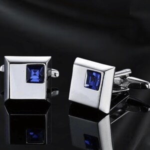 14K White Gold Plated Men&#39;s Sapphire Cufflinks ,925 Sterling Silver, Luxury Wedding Handmade Cufflinks,Groomsmen  Cufflinks, Gift for Him