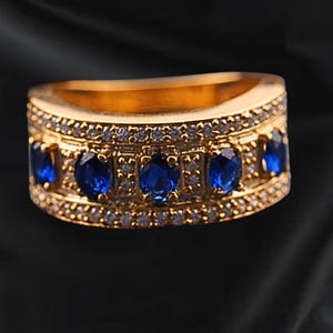 14K Yellow Gold Plated Blue Sapphire Men&#39;s Band 925 Sterling Silver , Ring Handmade Sapphire Gemstone Ring , Personalized Gift For Him