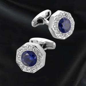 Men&#39;s Blue Sapphire Round Cut and Diamond Cufflinks 14K White Gold Plated Handmade 925 Sterling Silver, Luxury Wedding or Gift for Him