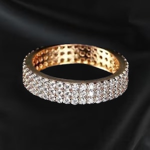 Three Row Diamond Wedding Band |Moissanite Rings | Round Cut Engagement Ring | 14k Yellow Gold Finish | 925 Sterling Silver | Gift For Her