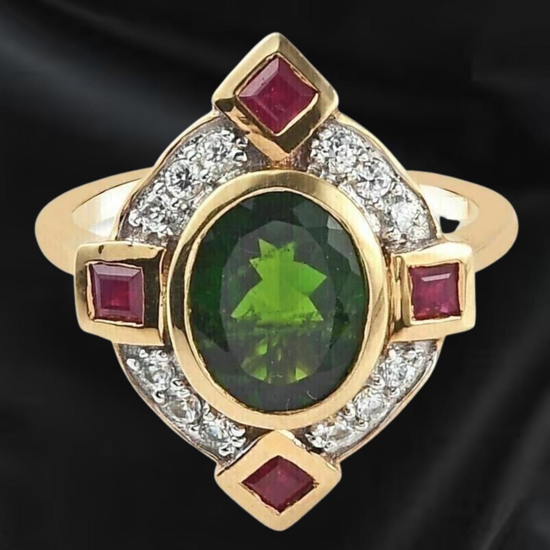 Women Oval Cut Green Emerald & Garnet Cluster Ring,handmade Ring, 925 ...