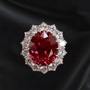 May include: A large, oval-cut, deep red gemstone ring, surrounded by a halo of smaller, clear gemstones. The ring's setting is silver-toned, and the gemstones sparkle against a dark background. The design is elegant and eye-catching.