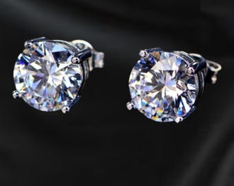 Moissanite Stud Earrings, Round Cut, 14K White Gold Plated Sterling Silver