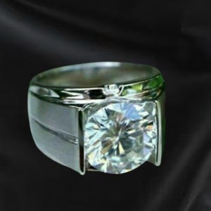 14K White Gold Plated Band Ring , Men&#39;s Solitaire Moissanite Ring Diamond Band , Anniversary Promise Ring , 925 sterling silver Gift For Him